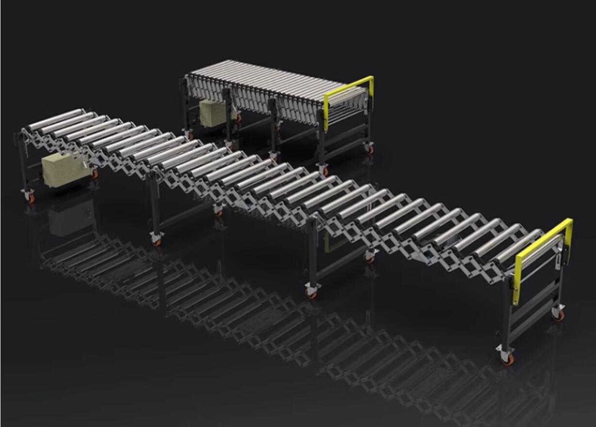 flexible expandable gravity roller conveyor – comparison of retracted and extended states ناقل أسطواني مرن قابل للتوسيع بالجاذبية - مقارنة بين الحالات المتراجعة والممتدة
